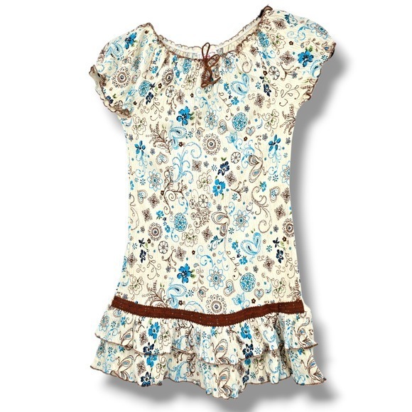Knitworks Other - Knitworks Girls Cream Blue Brown Floral Ruffle Tiered Short Sleeve Top Large